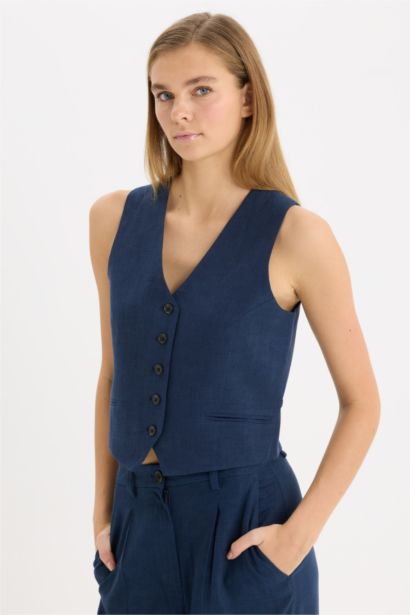 V Neck Linen Blend Vest