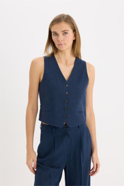 V Neck Linen Blend Vest