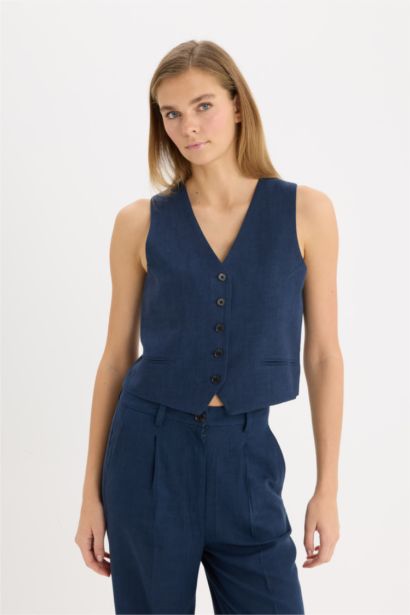 V Neck Linen Blend Vest