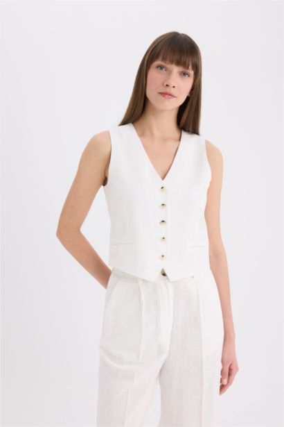 V Neck Linen Blend Vest