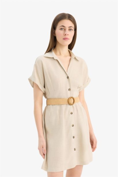 Shirt Collar Belted Linen Blend Mini Dress