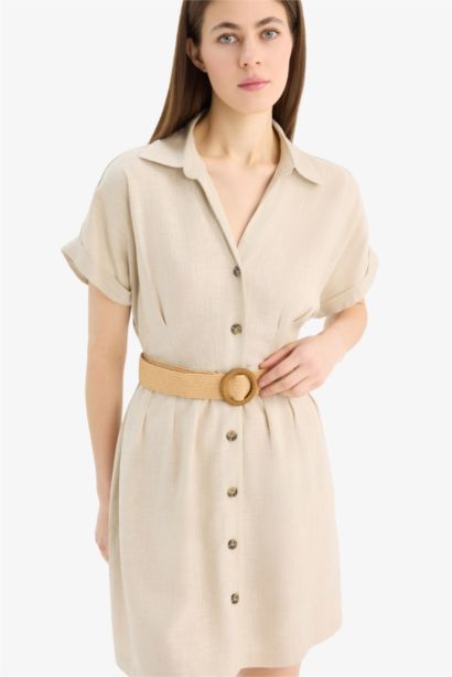 Shirt Collar Belted Linen Blend Mini Dress