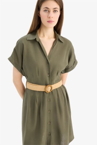 Shirt Collar Linen Blended Batwing Mini Dress