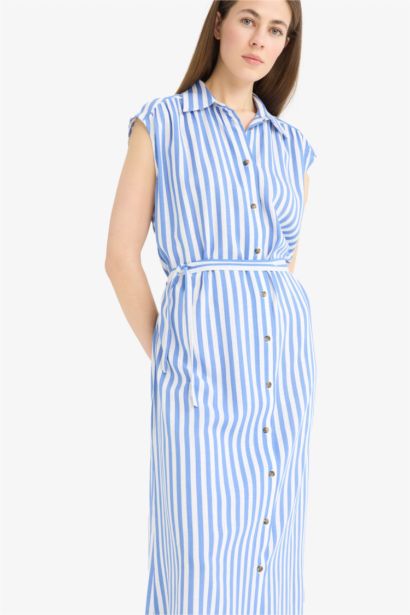 Shirt Collar Striped Linen Blended Sleeveless Maxi Dress