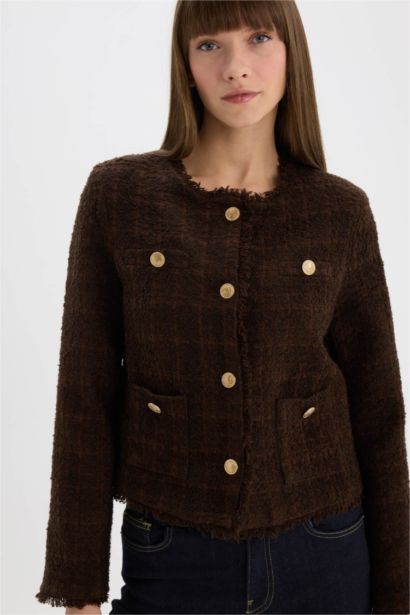 Regular Fıt Bisiklet Yaka Tweed Blazer Ceket