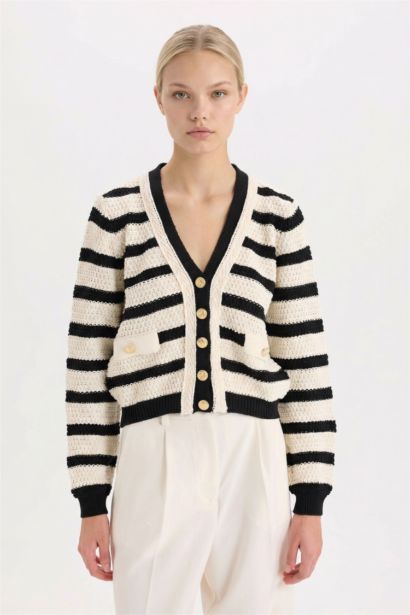 Кардиган стандартного кроя с V-образным вырезом в полоску