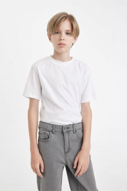 Bisiklet Yaka Basic Düz Kısa Kollu Tişört Erkek Çocuk