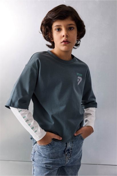 تيشيرت اولاد بأكمام طويلة اوفر سايز مطبوع برقبة مستديرة