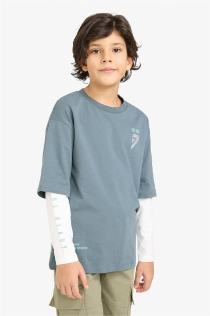 تيشيرت اولاد بأكمام طويلة اوفر سايز مطبوع برقبة مستديرة