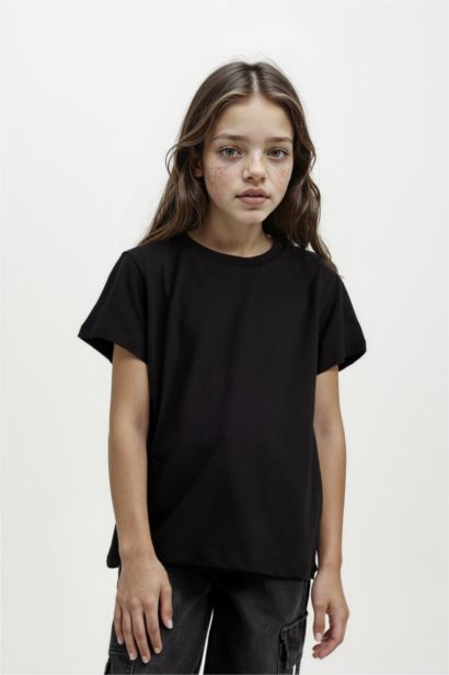 Bisiklet Yaka Basic Düz Kısa Kollu Tişört Kız Çocuk