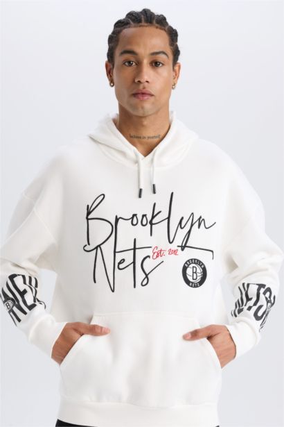 NBA Brooklyn Nets Oversize Geniş Kalıp Kapüşonlu Kalın Sweatshirt