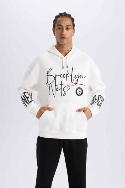 NBA Brooklyn Nets Oversize Geniş Kalıp Kapüşonlu Kalın Sweatshirt