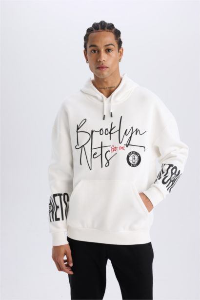 NBA Brooklyn Nets Oversize Geniş Kalıp Kapüşonlu Kalın Sweatshirt