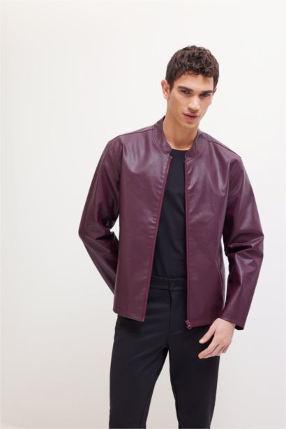 Su İtici Slim Fit Dar Kesim Dik Yaka Fermuarlı Suni Deri Ceket Mont