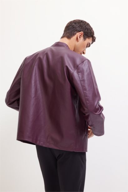 Su İtici Slim Fit Dar Kesim Dik Yaka Fermuarlı Suni Deri Ceket Mont