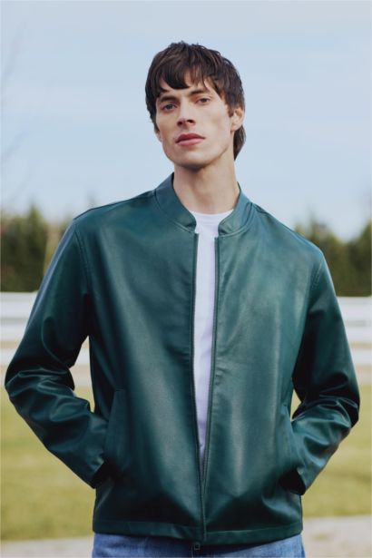 Su İtici Slim Fit Dar Kesim Dik Yaka Fermuarlı Suni Der Ceket Mont