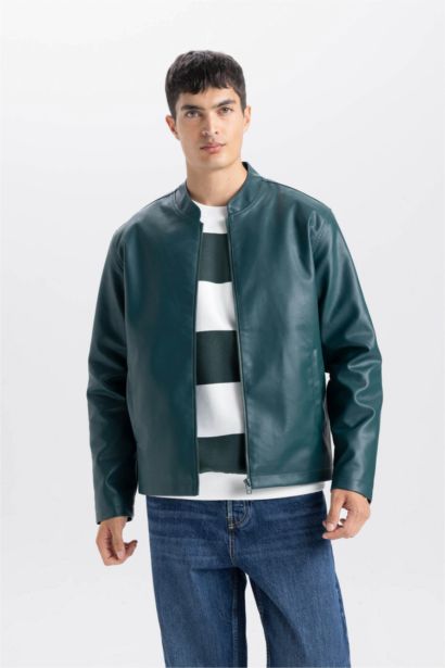 Su İtici Slim Fit Dar Kesim Dik Yaka Fermuarlı Suni Der Ceket Mont