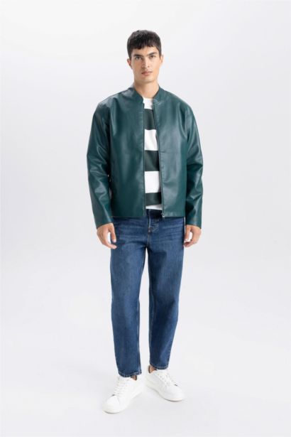 Su İtici Slim Fit Dar Kesim Dik Yaka Fermuarlı Suni Der Ceket Mont