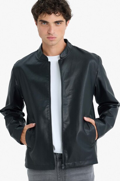 Waterproof Slim Fit Stand Collar Zip-Up Faux Leather Jacket