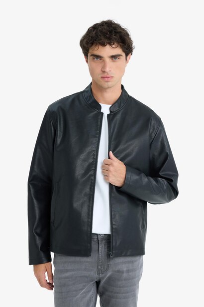 Waterproof Slim Fit Stand Collar Zip-Up Faux Leather Jacket