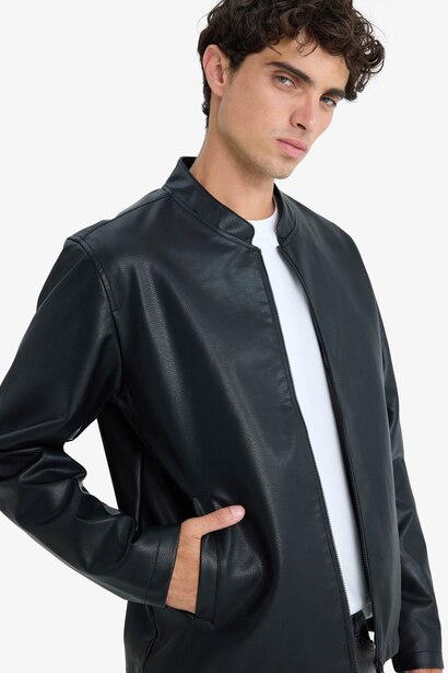 Waterproof Slim Fit Stand Collar Zip-Up Faux Leather Jacket