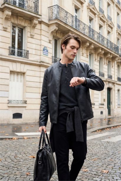 Waterproof Slim Fit Stand Collar Faux Leather Jacket