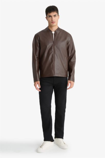 جاكيت جلد صناعي سليم فيت بياخة عالية مقاوم للماء