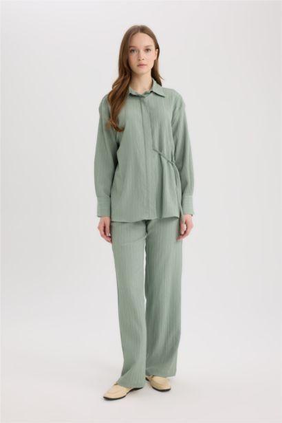 Regular Fit Shirt Collar Crinkle Fabric Long Sleeve Shirt