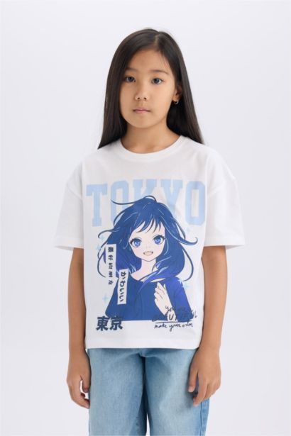 Relax Fit Bisiklet Yaka Baskılı Kısa Kollu Tişört Kız Çocuk