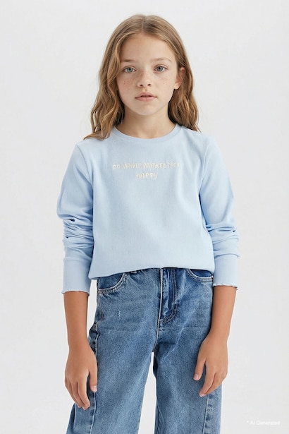 T-shirt slim imprimé à col rond et manches longues pour fille