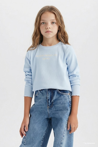 T-shirt slim imprimé à col rond et manches longues pour fille