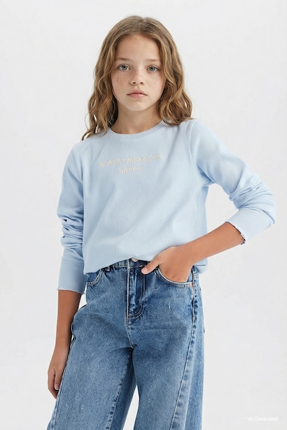 T-shirt slim imprimé à col rond et manches longues pour fille