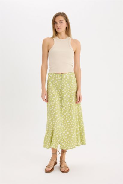 A Line Floral High Waist Midi Skirt