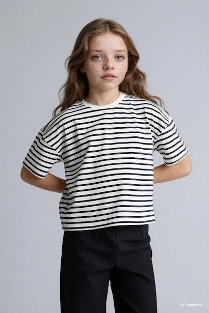 Girl Relax Fit Crew Neck Striped T-Shirt