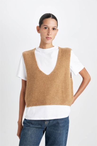 Regular Fit V Neck Basic Ribbed Knitted Pullover