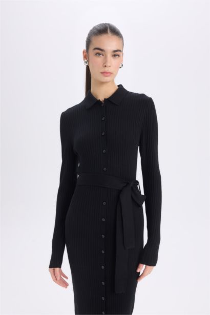 Fitted Shirt Collar Long Sleeve Basic Midi Dress