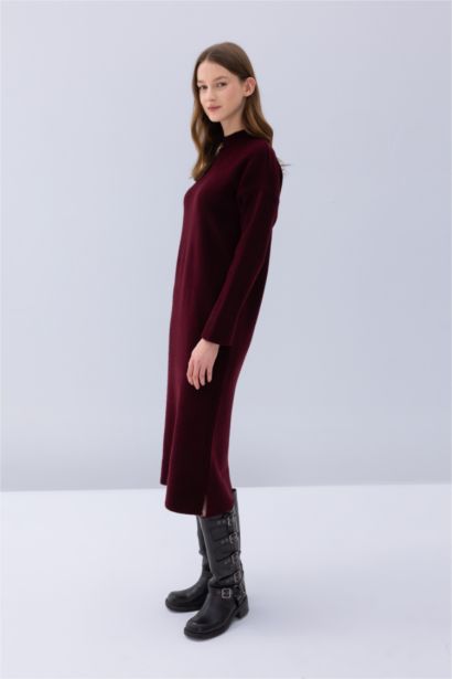 Relax Fit Yarım Balıkçı Yaka Midi Triko Bordo Elbise