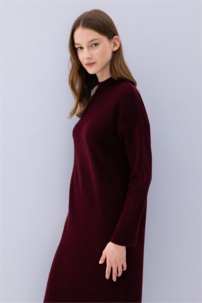 Relax Fit Yarım Balıkçı Yaka Midi Triko Bordo Elbise