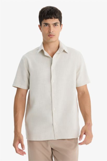 Regular Fit Polo Collar Linen Look Cotton Summer Shirt