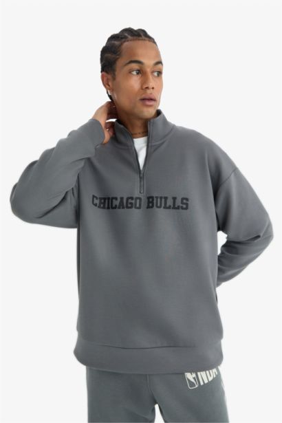 NBA Chicago Bulls Oversize Geniş Kalıp Fermuarlı Dik Yaka Skuba Dalgıç Kumaş Sweatshirt