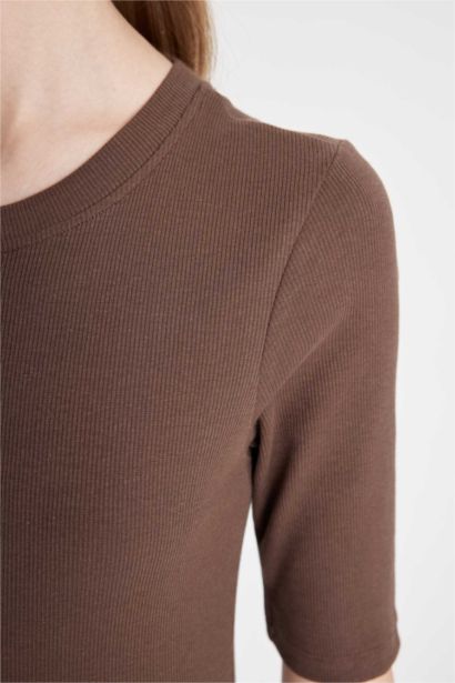 Bodycon Vücuda Oturan Bisiklet Yaka Basic Düz Fitilli Kaşkorse Kısa Kollu Maxi Elbise