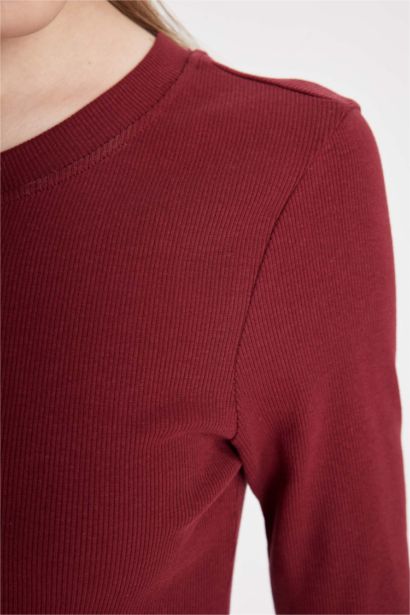 	Bodycon Vücuda Oturan Bisiklet Yaka Basic Düz Fitilli Kaşkorse Kısa Kollu Maxi Bordo Elbise