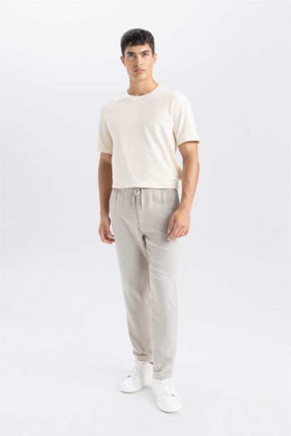Beige Slim Fit Elastic Leg Jogger Pants