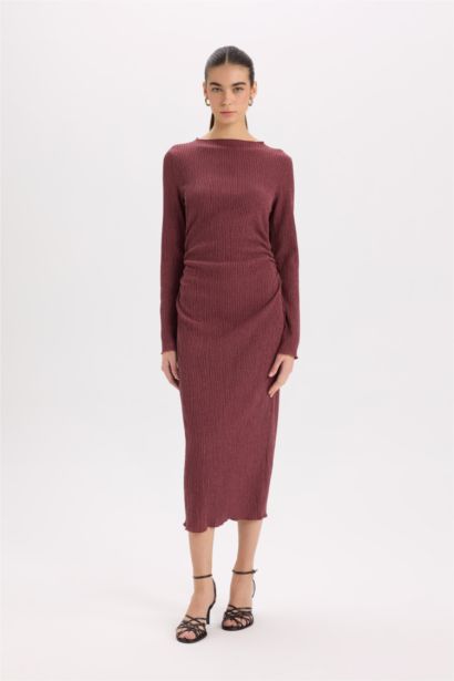 Bodycon Vücudu Saran Yarım Balıkçı Yaka Basic Düz Bürümcük Uzun Kollu Midi Bordo Elbise