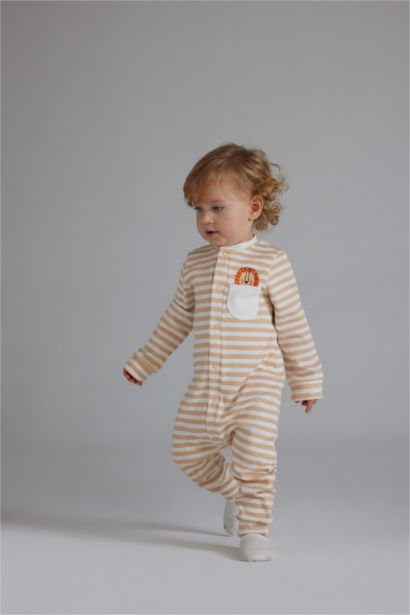 Çizgili Fitilli Kaşkorse Uzun Kollu Tulum Erkek Bebek Yenidoğan