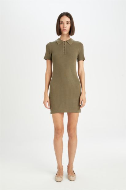 Fitted Body Fitting Polo Neck Basic Short Sleeve Mini Dress