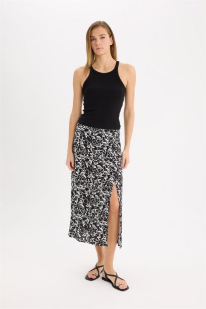 A Cut Floral High Waist Midi Skirt