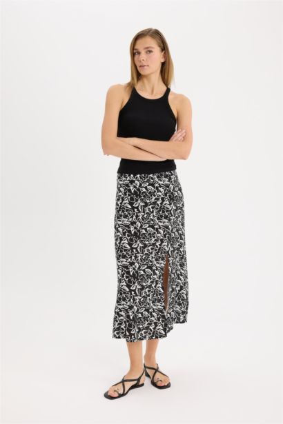 A Cut Floral High Waist Midi Skirt