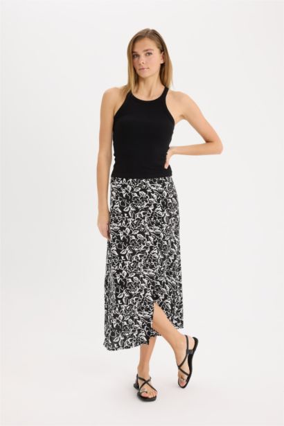 A Cut Floral High Waist Midi Skirt