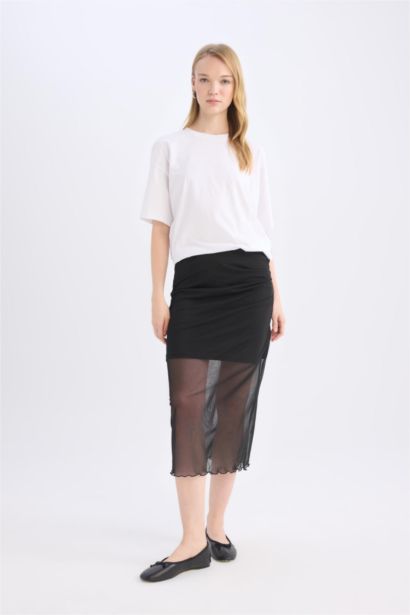 Regular Waist Draped Lined Tulle Midi Skirt